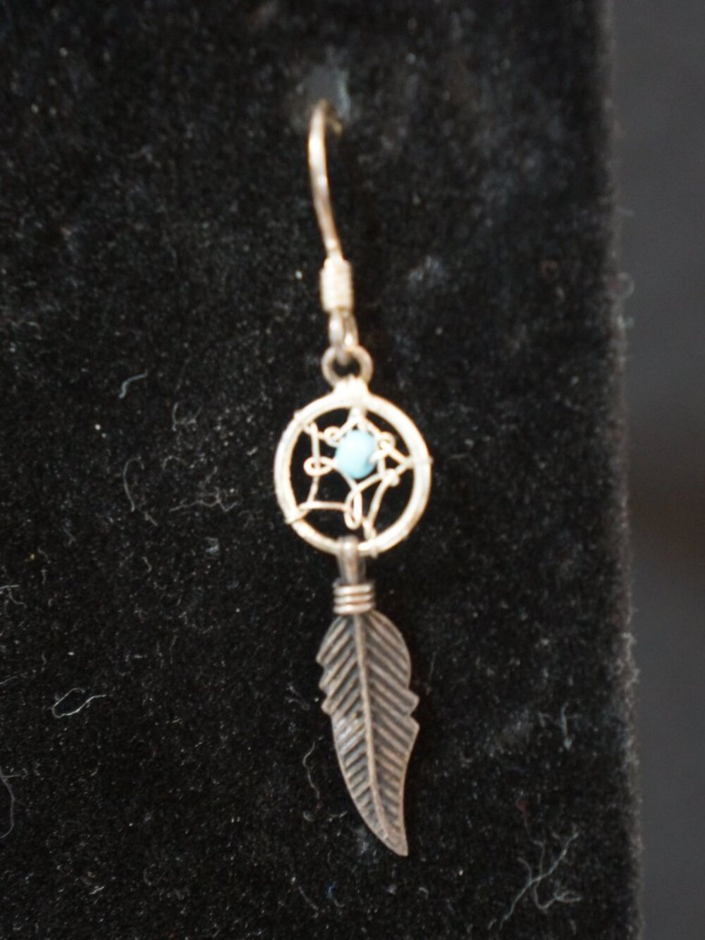 SINGLE Vintage Sterling Silver Turquoise Dreamcatcher Feather Dangle Earring 925